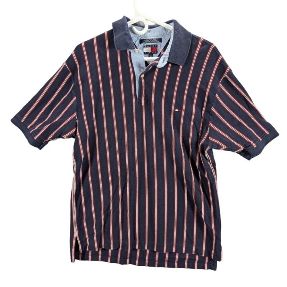 Vintage Tommy Hilfiger Shirt Mens Large Vertical Stripe Blue Preppy 2000s Y2K